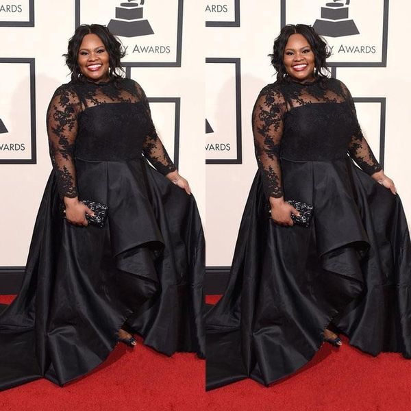 

2020 modern black plus size evening dress lace long sleeves high neck south african women formal party dresse red carpet celebrity gowns