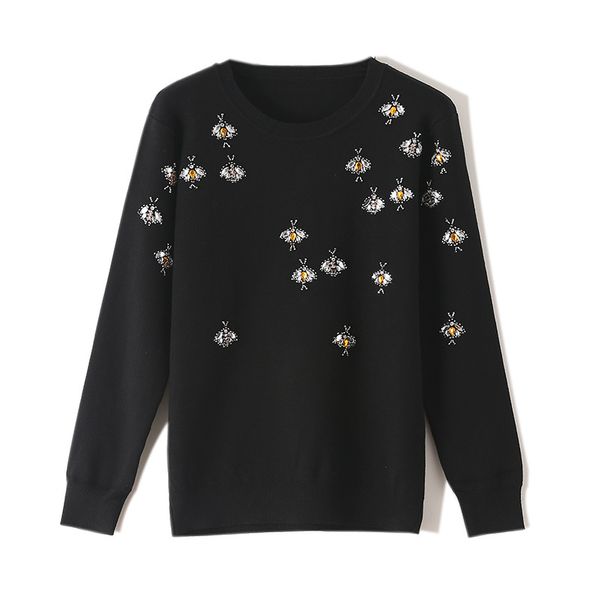 

new autumn and winter female tide brand light luxury diamond beaded wild bee sweater female sweater wholesale ins stely, White;black