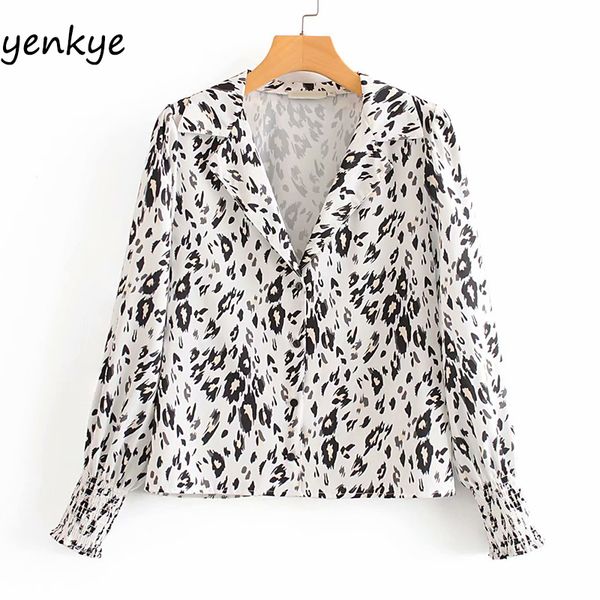 

vintage leopard blouse shirt women long sleeve v neck flowy ladies shirts plus size dwdd87186, White