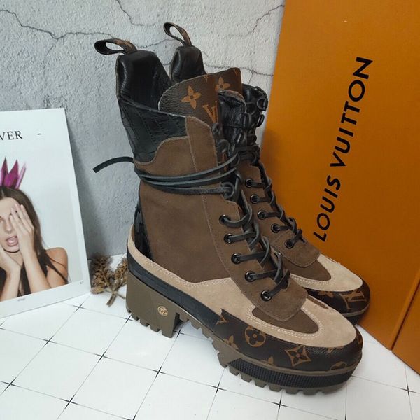 

2020 classic european women's boots thick high-heeled front lace-up short tube printing color-matching martin boots factory direct sale, Black