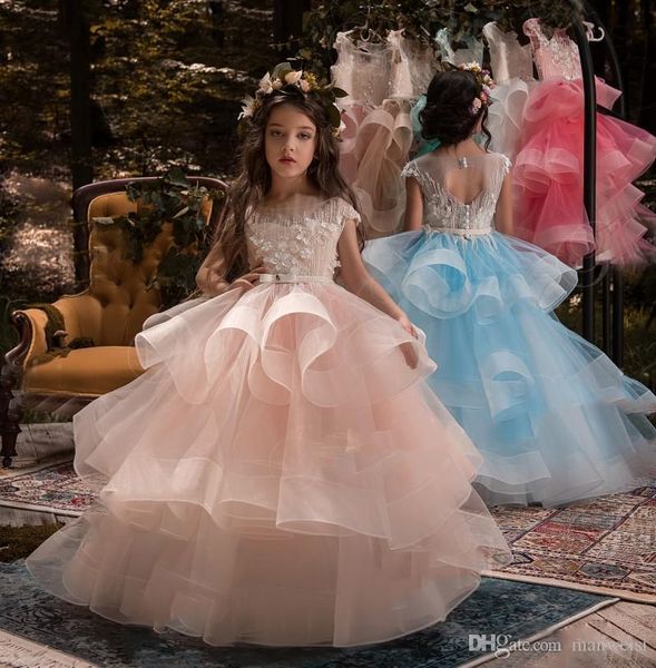 

cute blush pink flower girls dresses for weddings long puffy skirts beads appliqued pageant communion dress kids birthday ball gowns, White;blue