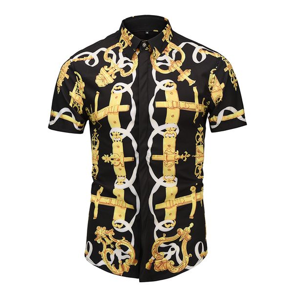 

True Reveler fashion design geometric print men short sleeve shirts classic black gold blouse party wedding shirts summer tops