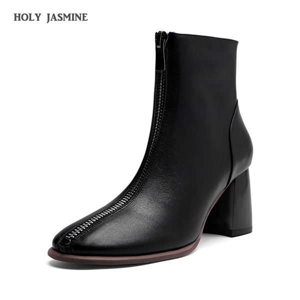 

2020 spring new front zipper boots round toe genuine leather 7cm square heels office ladies women ankle boots comfortable, Black