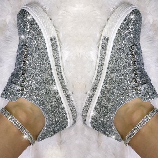 

litthing women vulcanize shoes sneakers bling shoes girl flat glitter sneakers casual female breathable lace up sport, Black