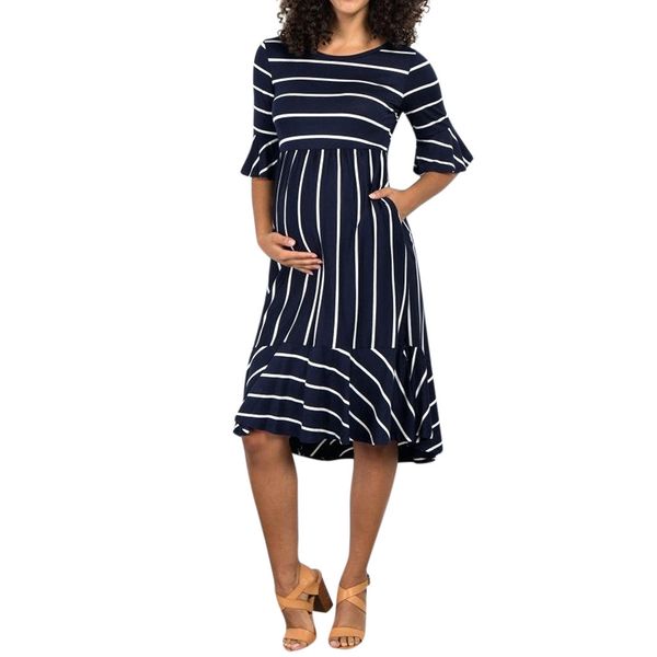 

new arrival fashion women maternity dresses mother flare sleeve striped pregnancy summer dresses casual dress mutterschaft kleid, White