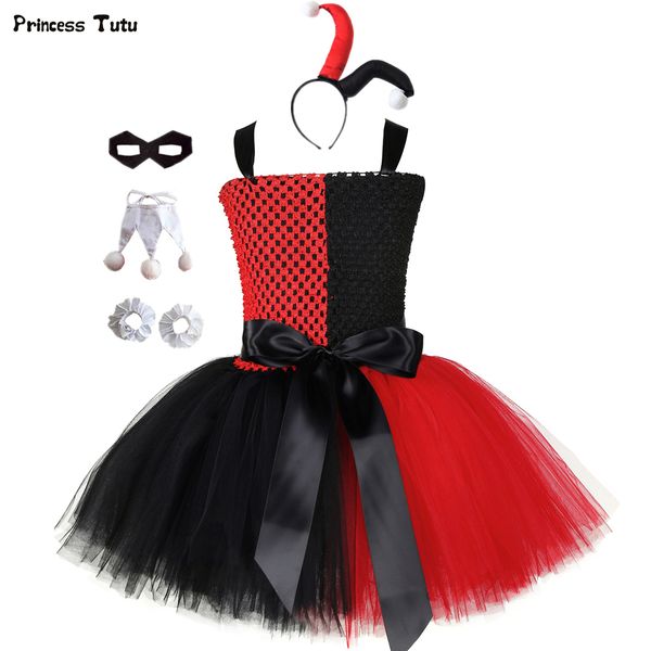 

harley quinn tutu dress red black fancy children girls carnival halloween joker clown cosplay costume kids birthday party dress, Red;yellow