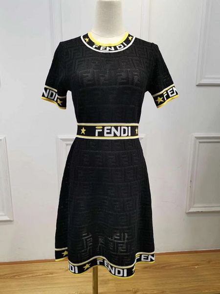 

women brand knit dress fashion printed ff letter short sleeve slim dress women stretch knitted dresses womens summer hollow out dress, Black;gray