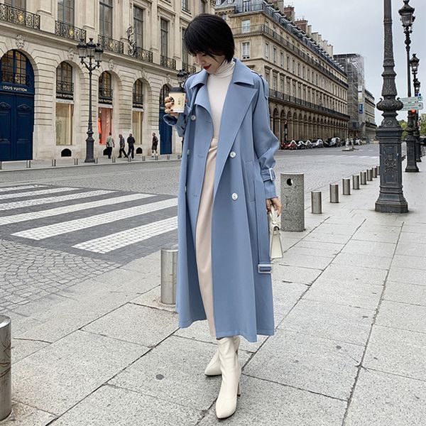 

2019 new spring long trench coat women fashion double breasted belt trench coat casual business outerwear, Tan;black
