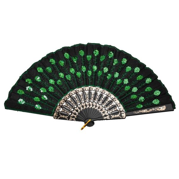 

beautiful lady's silk hand fan with green sequins other home decor