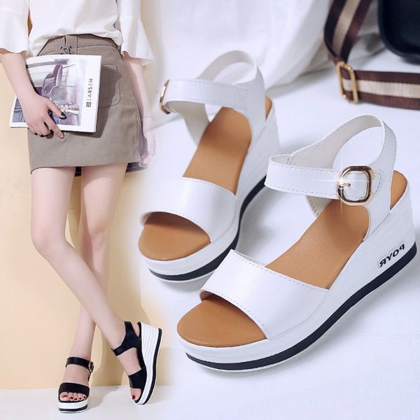 

sandals women's summer 2019 new style versatile simple platform thick bottomed flat slanted heel ultra-high-heel women's sandals, Black