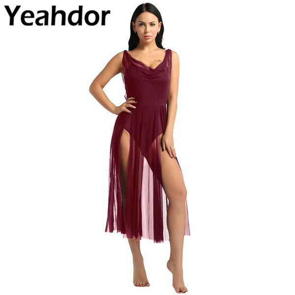 

stage wear women adults ballet leotard dress sleeveless mesh split front built in shelf bra gymnastics bodysuit female, Black;red