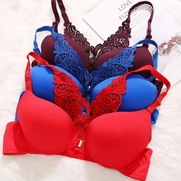 

lace front closure bra for women lingerie adjusted push up bra comfort breathable beauty butterfly shape lace back, Red;black