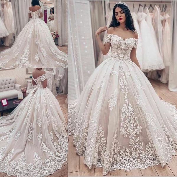

lavish lace wedding ball gown dress with off-the-shoulder sleeves vintage lace-up corset princess gothic bride wedding gown plus size, White