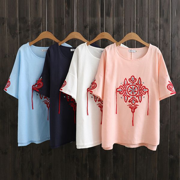 

6xl 4xl 5xl plus size women o neck short sleeve flower vintage embroidery blusas folklore loose blouses shirts tee summer, White