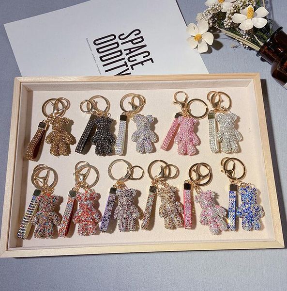 

luxury cartoon cute bear crystal rhinestone bling keychain designer key chain pendant stainless steel keychain bags accessories, Silver
