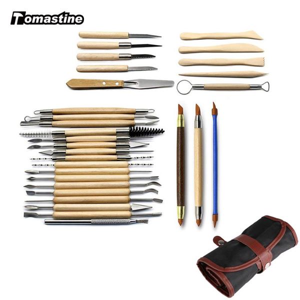 

30 pcs diy art clay pottery tool set crafts sculpting tool kit ceramics wooden handle model carving tools with canvas carry bag