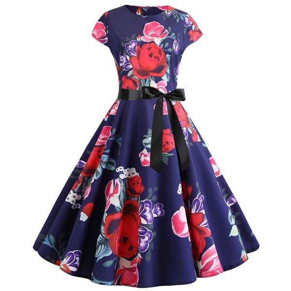 

women's summer sundress women's vintage short sleeve print casual evening party prom swing dressvestidos mujer, Black;gray