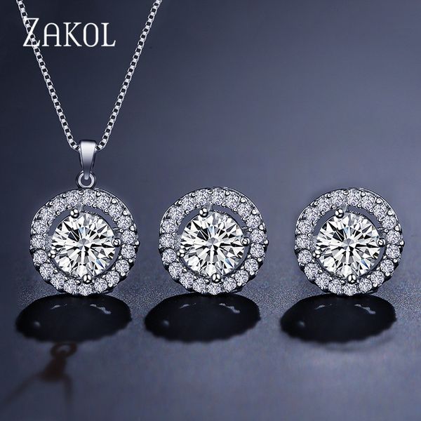 

trendy girl micro inlay jewelry set round crystal rhinestone stud earrings & pendants/necklace for women fssp266, Silver