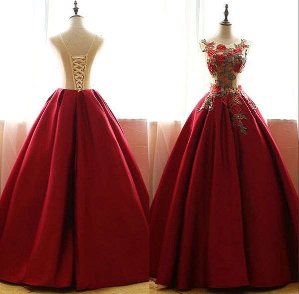 

Red Quinceanera Dresses Satin Evening Gowns With Flowers Ball Gown Evening Gowns A Line sweet 16 Dress vestidos de quinceañera