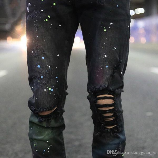 

20ss black multicolor paint splatter jeans skinny-fit distressing jean men streetwear, Blue