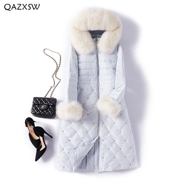 

qazxsw winter down jacket long coat over the knee women clothes 2018 cuff big fur collar thick solid warm outerwear ld158, Black
