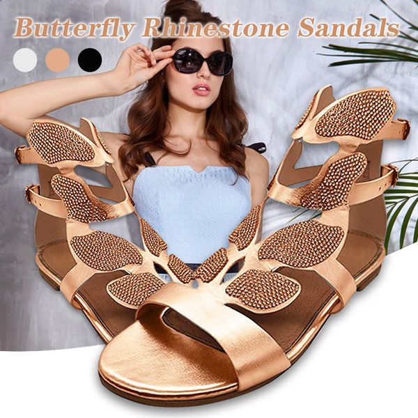 

new style rhinestone gladiator sandals flat butterfly-shape shoes for women bridal wedding ty53, Black