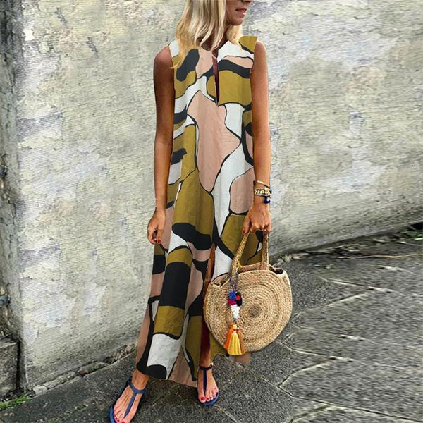 

woman clothes summer dresses women long dress 2019 summer bohemian casual loose vintage printed v neck sleeveless split vestidos, Black;gray