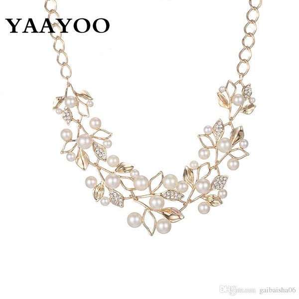 

imitation pearl rhinestone flowers leaves metal yellow/white color statement necklace women jewelry, Silver