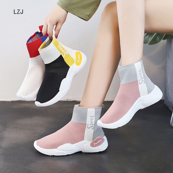 

lzj shoes woman 2019 autumn new mesh sneakers ankle boots fashion casual wild set foot thick bottom round head women's shoes, Black
