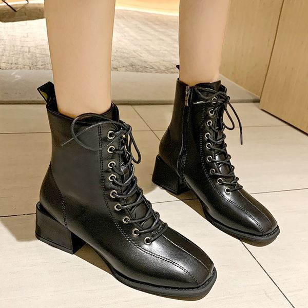 

woman flat boots booties ladies shoes round toe boots-women luxury designer winter footwear lace up low rock mid calf 2019, Black
