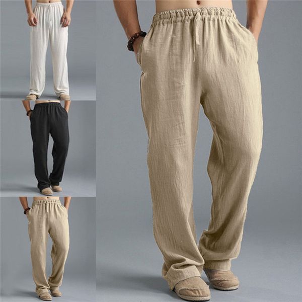 

men's pants 2021 trousers linen style loose casual breathable outdoor summer solid sports wear running pant #3a01, Black