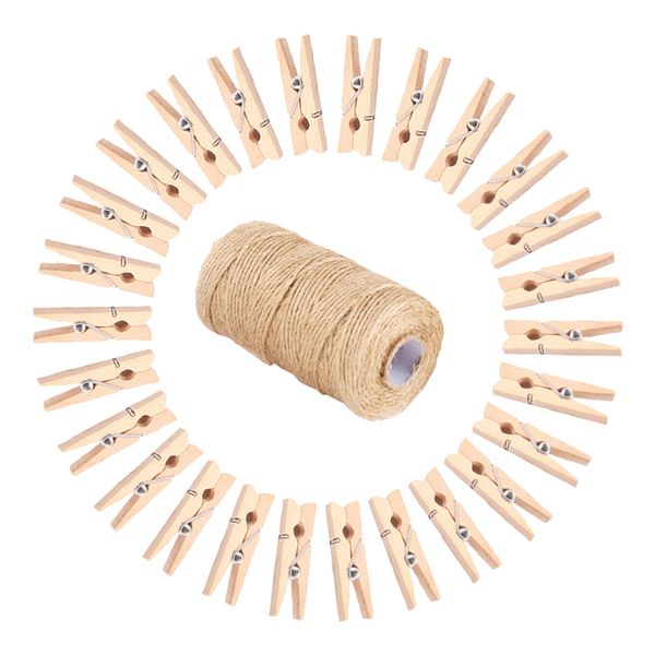 

100pcs wooden clothespins p paper peg pin graft clips with rope diy