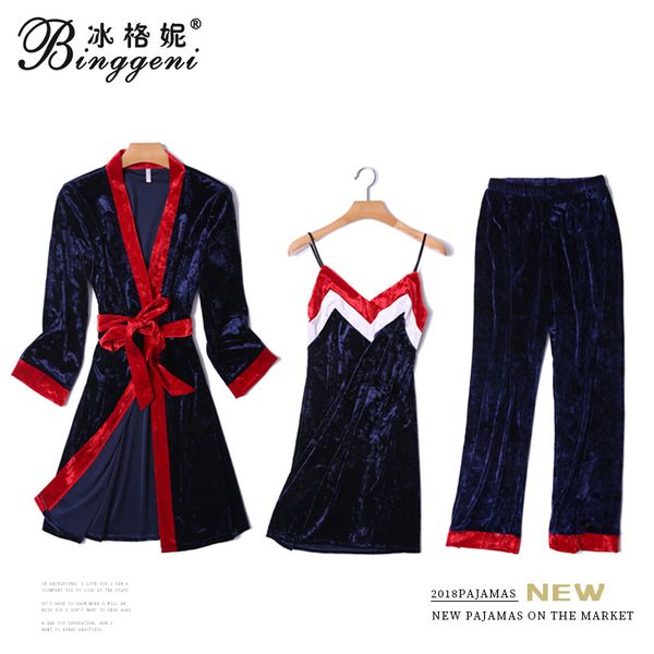 

2019 gold velvet пижама женщины новый стиль nightgowns три ночную рубашку кусок осень и зима ночной рубашке дамы сексуальные пижамы, Blue;gray