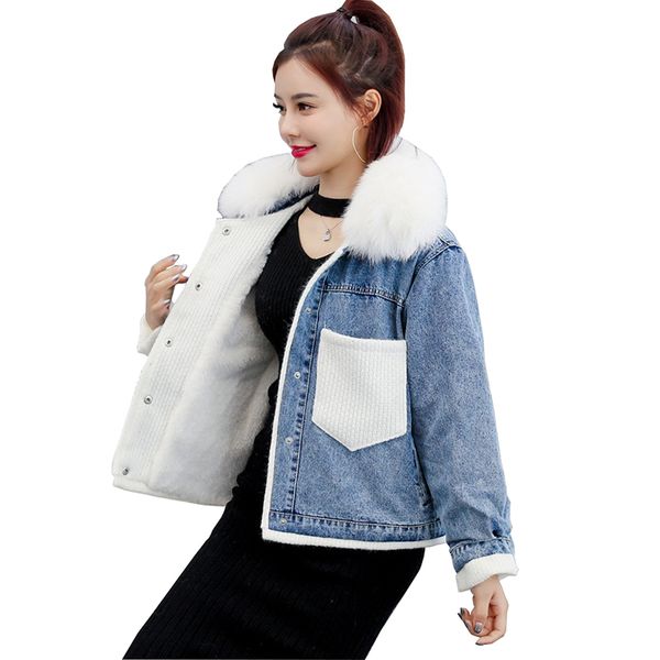 

real sfashion big fur collar plus velvet denim cotton jacket women autumn winter padded loose splice jeans short coat 3159, Black