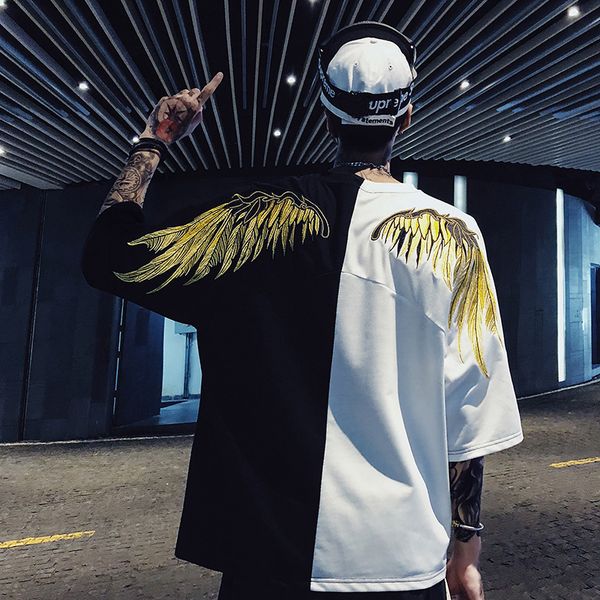 

2019 summer fashion feathers embroidered wings short-sleeved t shirts for lovers ins t-shirt summer, White;black