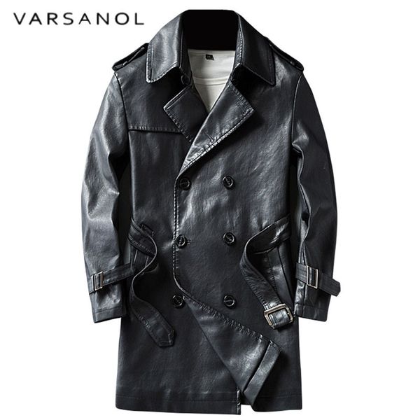 

varsanol smart casual pu leather trench long length men's fur coat full sleeve turn-down collar adjustable waist winter outwears, Tan;black