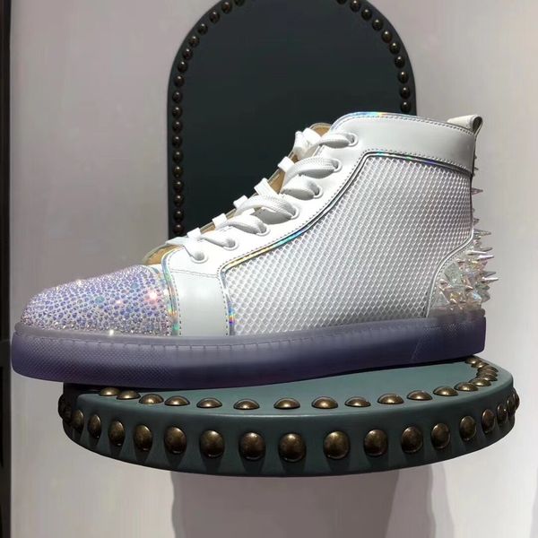

summer breatble white mesh spikes glamour men's red bottom high sneakers strass round toe skateboard walking shoes gift for him, Black