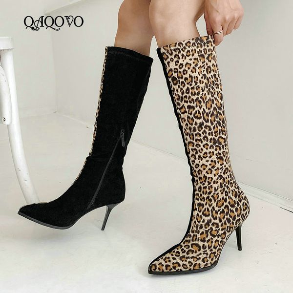 

women faux suede thin heel knee high boots fashion zipper leopard boots ladies pointed toe autumn winter shoes yellow red, Black