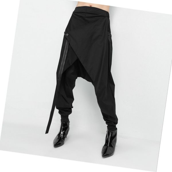 

2019 new men's loose casual oversize harem pants trend men hip hop personality fake two small feet trousers costumes, Black