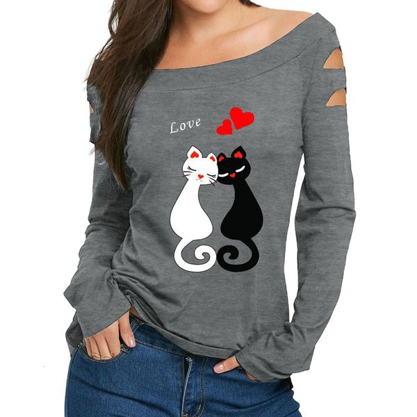 

womens shirts t shirt women newly women ladies off shoulder cat love prints shirt long sleeve dropshipped cap sleeve july 28, White