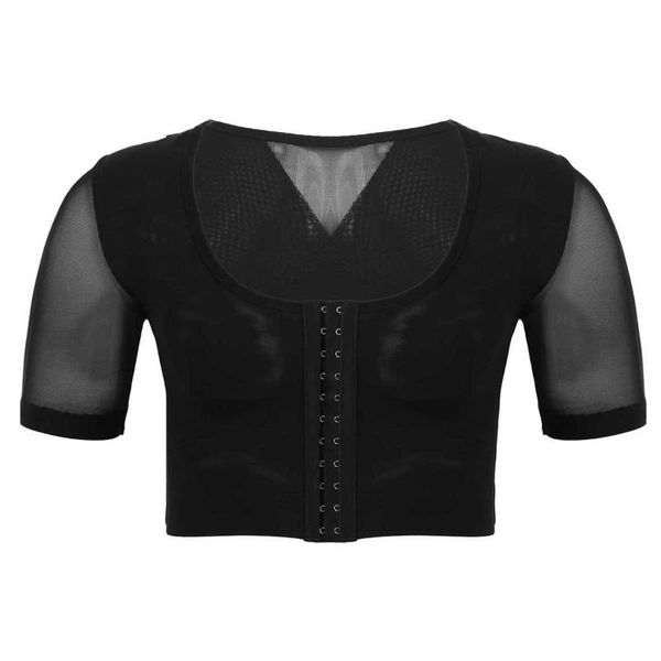

mens deep u neck short sleeves shapewear gynecomastia compression shirts hide man moobs lesbian chest binder crop top, Black;blue