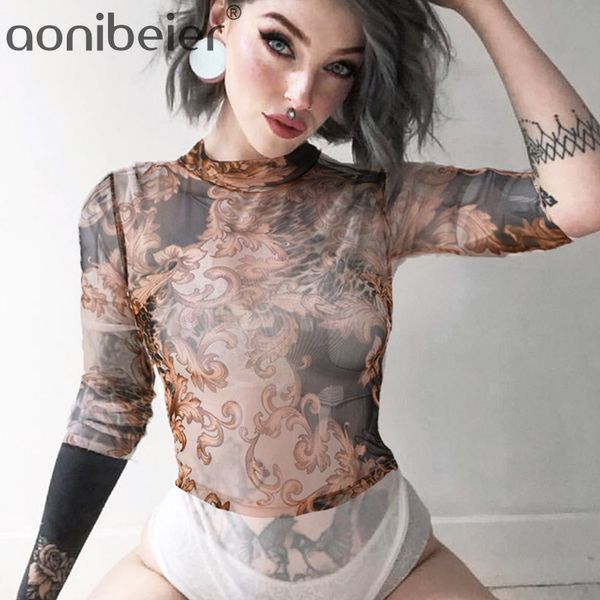 

aonibeier vintage print see through mesh women tees spring summer long sleeve fashion high neck slim fit crop t-shirt club, White