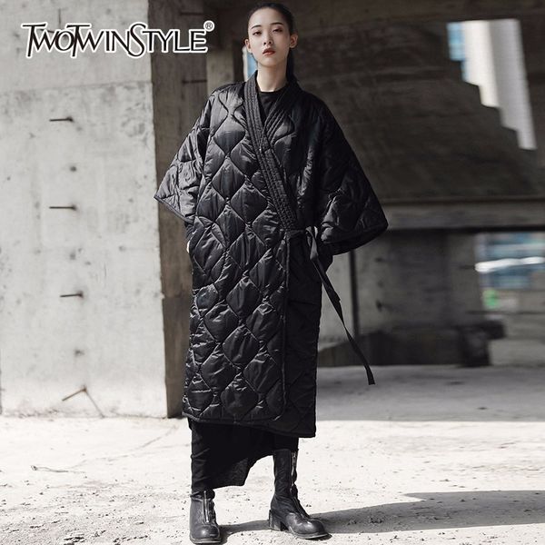 

twotwinstyle lace up cotton coats for women three quarter sleeve black midi long coat winter female fashion japan style clothing, Tan;black