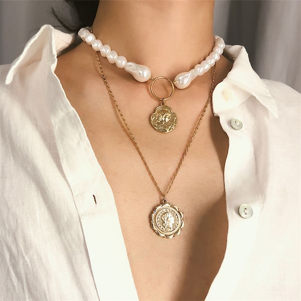 

bohemian multilayer simulated pearl choker necklace women punk carved coin pendant necklace collar statement jewellery wholesale, Silver