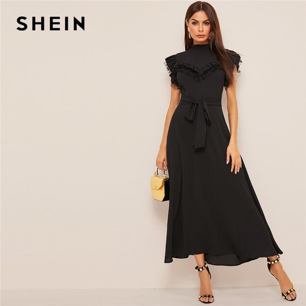 

shein layered ruffle detail belted fit and flare dress 2019 stand collar sleeveless black solid women spring autumn dresses, Black;pink