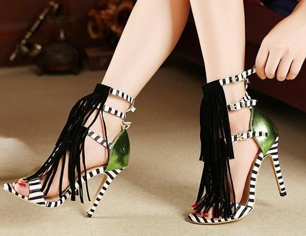 

fine high-heeled tassel open-toed net red street shooting color-matched high-heeled sandals ladies striped fringe word sandal bl, Black