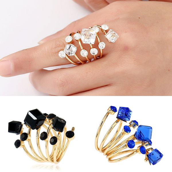 

long spring adjustable ringsnew crystal zircon women rings exaggerated black blue white rhinestone jewelry wholesale, Slivery;golden