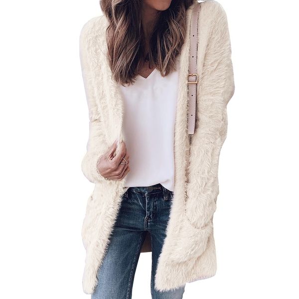 

women cardigan fur jacket outerwear winter warm sweater fluffy coat, Black