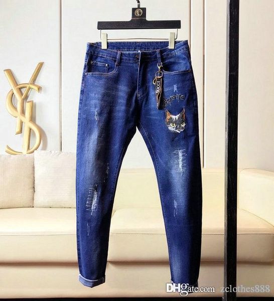 

2020 mens distressed ripped biker jeans pour hommes slim fit motorcycle biker jeans for menfashion designer hip hop mens designer pants, Blue