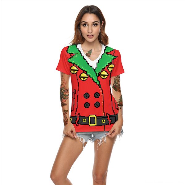 

full color t-shirt street trend fake two-piece printed v-neck clothing t-shirt clothing short sleeve top, White